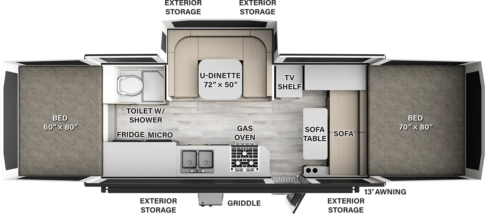 The HW296 has one slideout and one entry door. Exterior features a 13 foot awning, griddle, and exterior storage on both sides. Interior layout front to back: front tent bed; sofa, sofa table, cabinet, and TV shelf; off-door side u-dinette slideout and toilet with shower; door side entry, gas oven, sink and cabinet with microwave and refrigerator; rear tent bed. 
